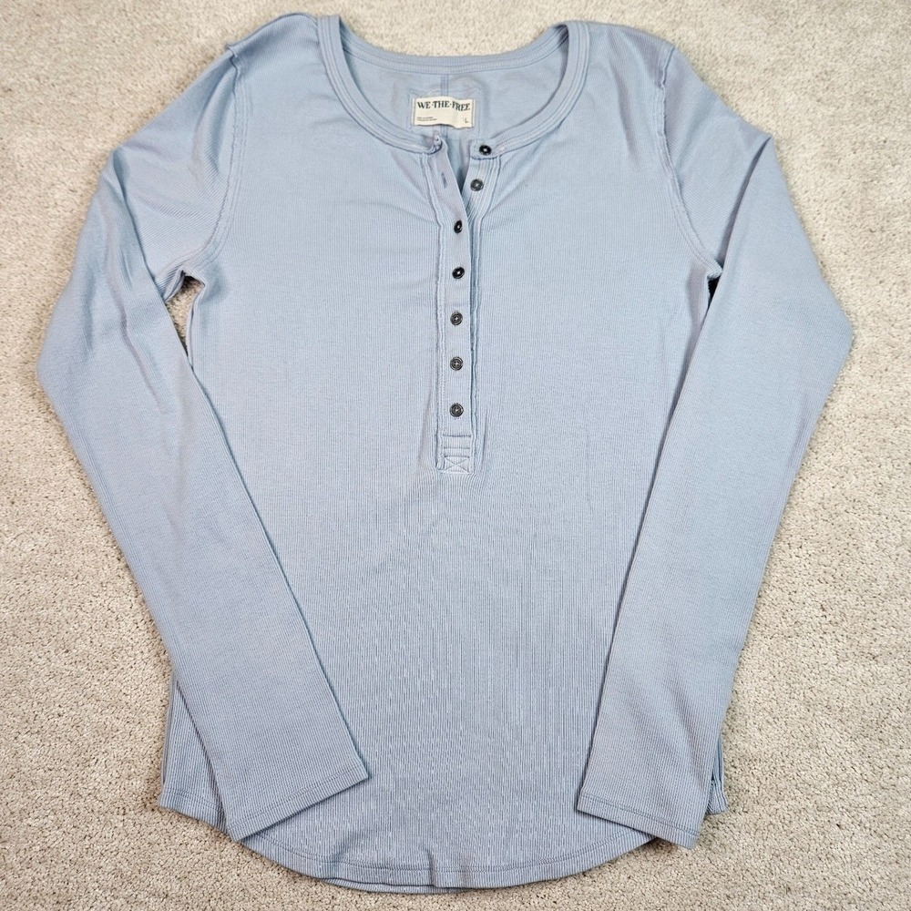 Free People We The Free L Blue Ribbed Jamie Henley Long Sleeve Y2K Stretch Layer